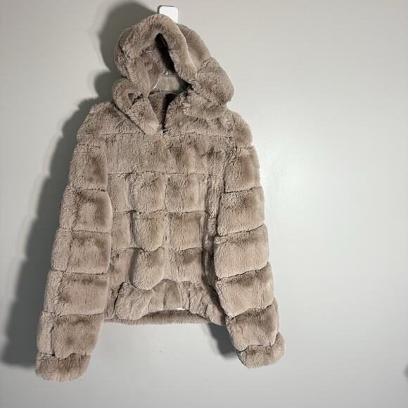 BCBG Maxazria Womens L Tan Faux Fur Quilted Jacket Hooded Luxury Soft Zip New - Picture 3 of 10